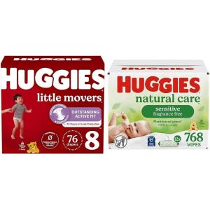 imageBundle of Huggies Little Movers Baby Diapers Size 4 2237 lbs 150 Count  Huggies Natural Care Sensitive Baby Wipes Unscented Hypoallergenic 99 Purified Water 12 FlipTop Packs 768 WipesSize 8