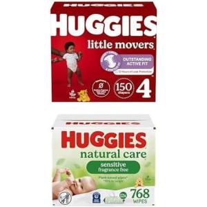 imageBundle of Huggies Little Movers Baby Diapers Size 4 2237 lbs 150 Count  Huggies Natural Care Sensitive Baby Wipes Unscented Hypoallergenic 99 Purified Water 12 FlipTop Packs 768 WipesSize 4