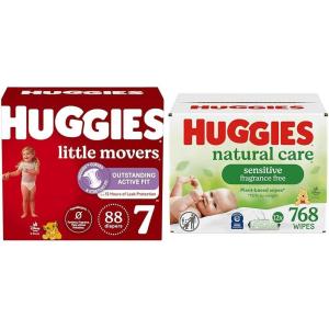 imageBundle of Huggies Little Movers Baby Diapers Size 4 2237 lbs 150 Count  Huggies Natural Care Sensitive Baby Wipes Unscented Hypoallergenic 99 Purified Water 12 FlipTop Packs 768 WipesSize 7