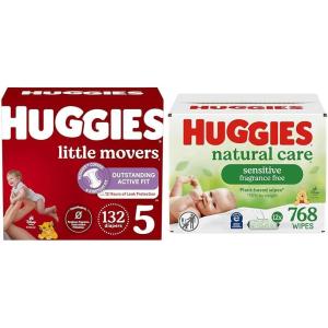 imageBundle of Huggies Little Movers Baby Diapers Size 4 2237 lbs 150 Count  Huggies Natural Care Sensitive Baby Wipes Unscented Hypoallergenic 99 Purified Water 12 FlipTop Packs 768 WipesSize 5