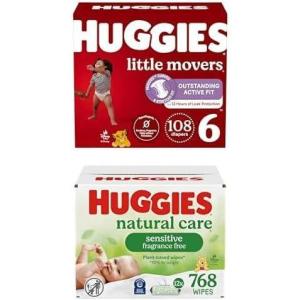 imageBundle of Huggies Little Movers Baby Diapers Size 4 2237 lbs 150 Count  Huggies Natural Care Sensitive Baby Wipes Unscented Hypoallergenic 99 Purified Water 12 FlipTop Packs 768 WipesSize 6