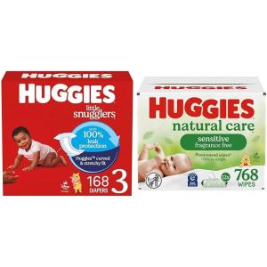 imageBundle of Huggies Little Snugglers Baby Diapers Size 2 1218 lbs 186 Count  Huggies Natural Care Sensitive Baby Wipes Unscented Hypoallergenic 99 Purified Water 12 FlipTop Packs 768 WipesSize 3
