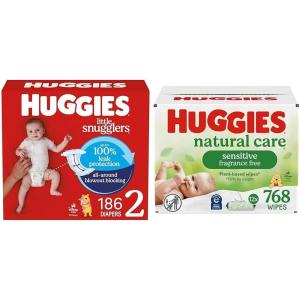 imageBundle of Huggies Little Snugglers Baby Diapers Size 2 1218 lbs 186 Count  Huggies Natural Care Sensitive Baby Wipes Unscented Hypoallergenic 99 Purified Water 12 FlipTop Packs 768 WipesSize 2