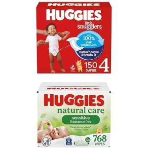 imageBundle of Huggies Little Snugglers Baby Diapers Size 2 1218 lbs 186 Count  Huggies Natural Care Sensitive Baby Wipes Unscented Hypoallergenic 99 Purified Water 12 FlipTop Packs 768 WipesSize 4