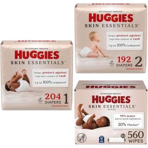 imageBundle of Huggies Skin Essentials Baby Diapers Size Newborn 69 lbs 180 Count  Huggies Skin Essentials Baby Wipes Hypoallergenic 99 Water 15 Flip Top Packs 840 WipesSize 1  Size 2
