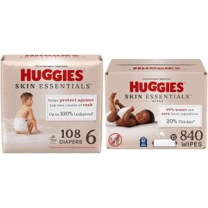 imageBundle of Huggies Skin Essentials Baby Diapers Size Newborn 69 lbs 180 Count  Huggies Skin Essentials Baby Wipes Hypoallergenic 99 Water 15 Flip Top Packs 840 WipesSize 6