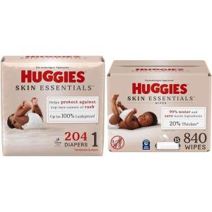 imageBundle of Huggies Skin Essentials Baby Diapers Size Newborn 69 lbs 180 Count  Huggies Skin Essentials Baby Wipes Hypoallergenic 99 Water 15 Flip Top Packs 840 WipesSize 1