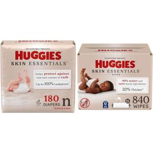 imageBundle of Huggies Skin Essentials Baby Diapers Size Newborn 69 lbs 180 Count  Huggies Skin Essentials Baby Wipes Hypoallergenic 99 Water 15 Flip Top Packs 840 WipesSize Newborn