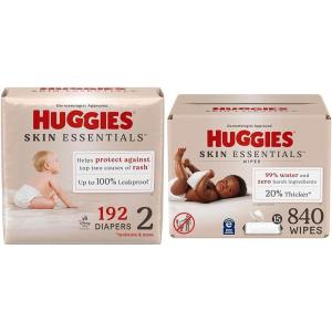 imageBundle of Huggies Skin Essentials Baby Diapers Size Newborn 69 lbs 180 Count  Huggies Skin Essentials Baby Wipes Hypoallergenic 99 Water 15 Flip Top Packs 840 WipesSize 2
