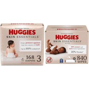 imageBundle of Huggies Skin Essentials Baby Diapers Size Newborn 69 lbs 180 Count  Huggies Skin Essentials Baby Wipes Hypoallergenic 99 Water 15 Flip Top Packs 840 WipesSize 3